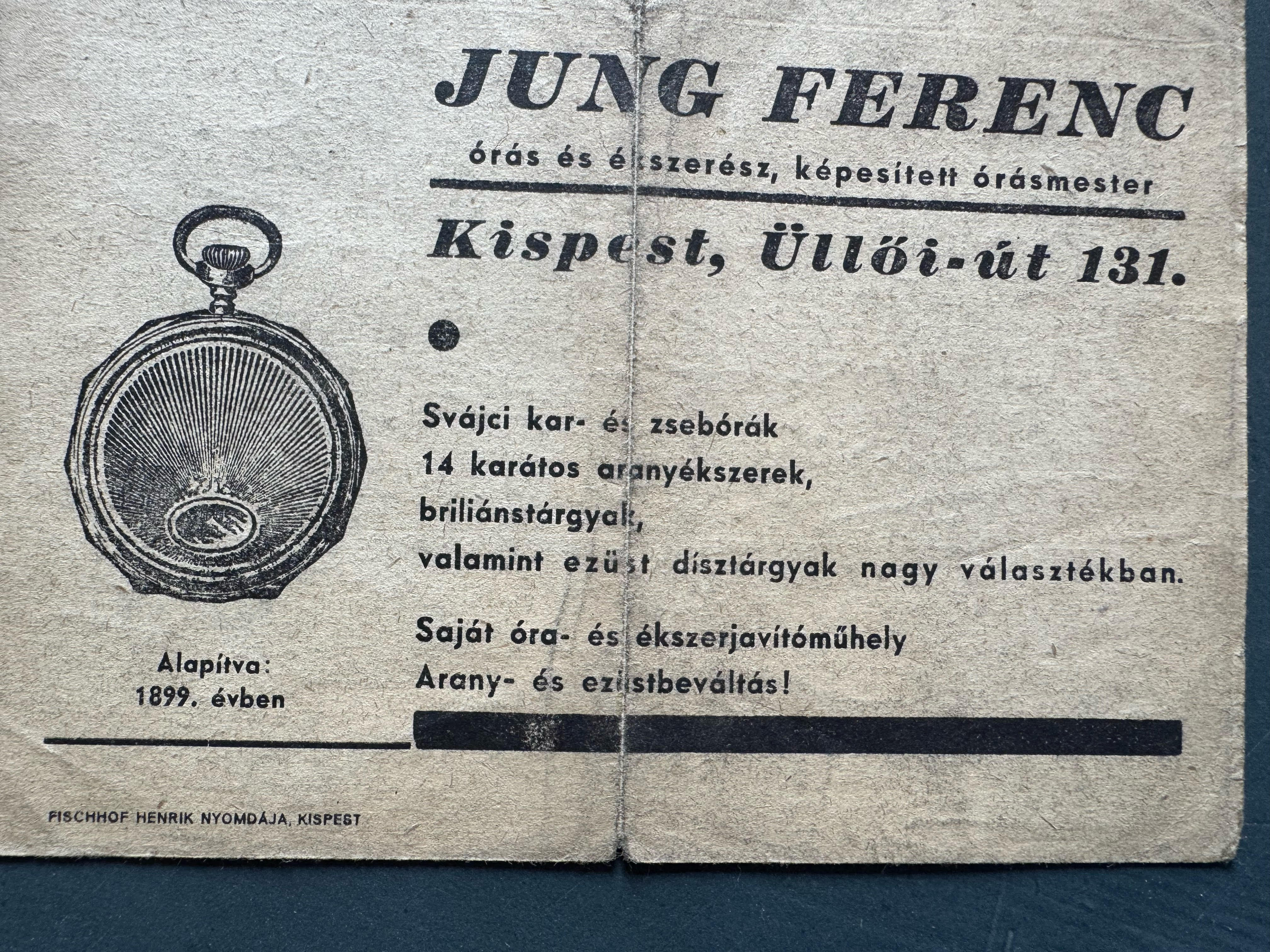 Jung Ferenc órásmester és ékszerész Kispest 1900