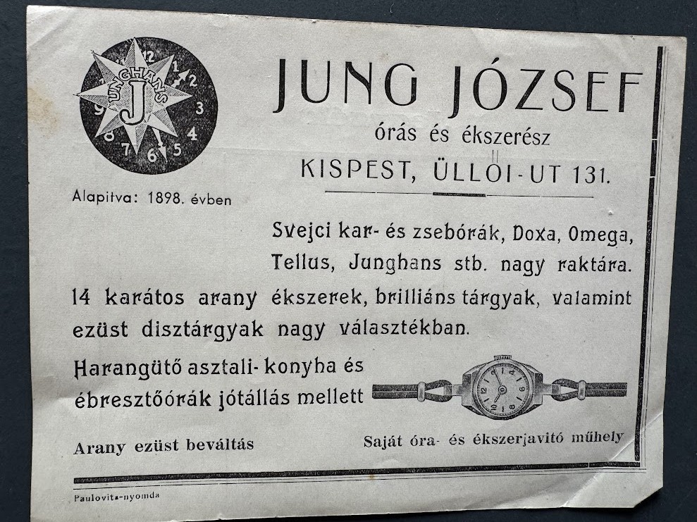 Jung József órás és ékszerész Kispest 1900